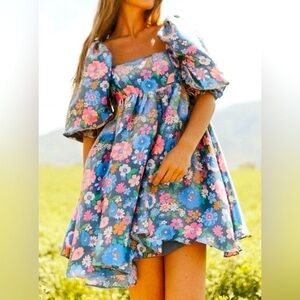 Storia Poppy Babydoll Oversized Puff 3/4 Sleeves Floral Print Mini Dress S